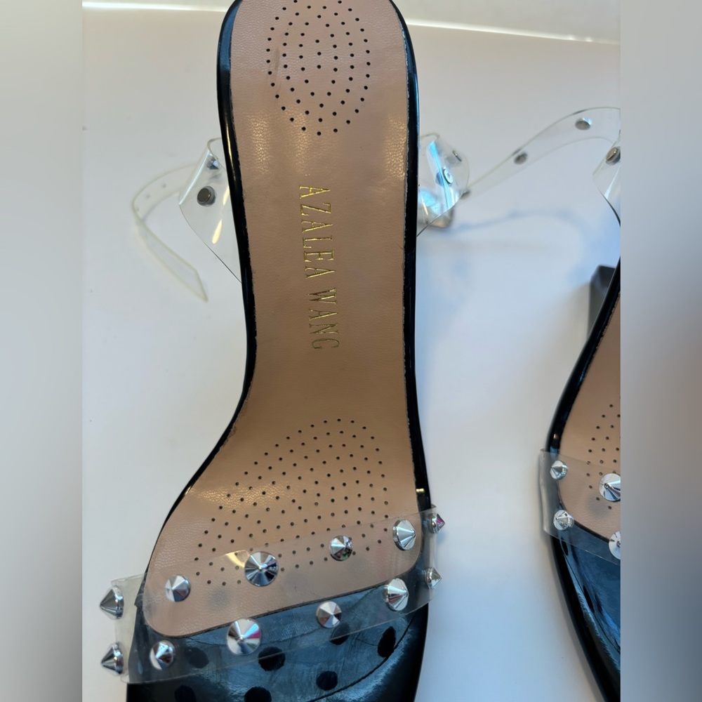 FINAL! NWOT! AZALEA WANG PATENT BLACK SILVER ACCENT CUT HEEL ANKLE WRAP HEELS - Picture 10 of 11